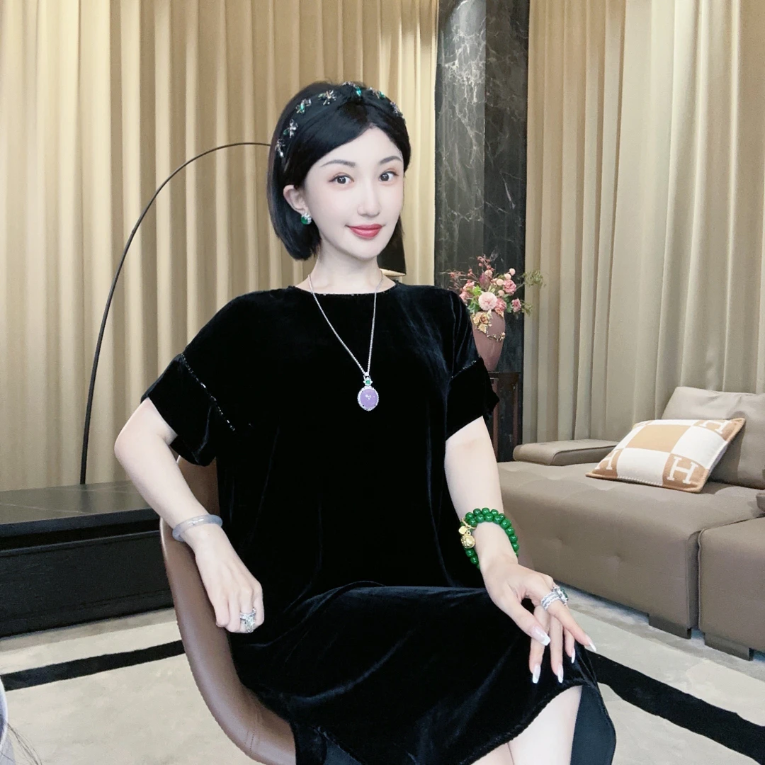 Betty Bairn【伊人夕岸】高端定制国风桑蚕丝短绒裙子24B-BW2128