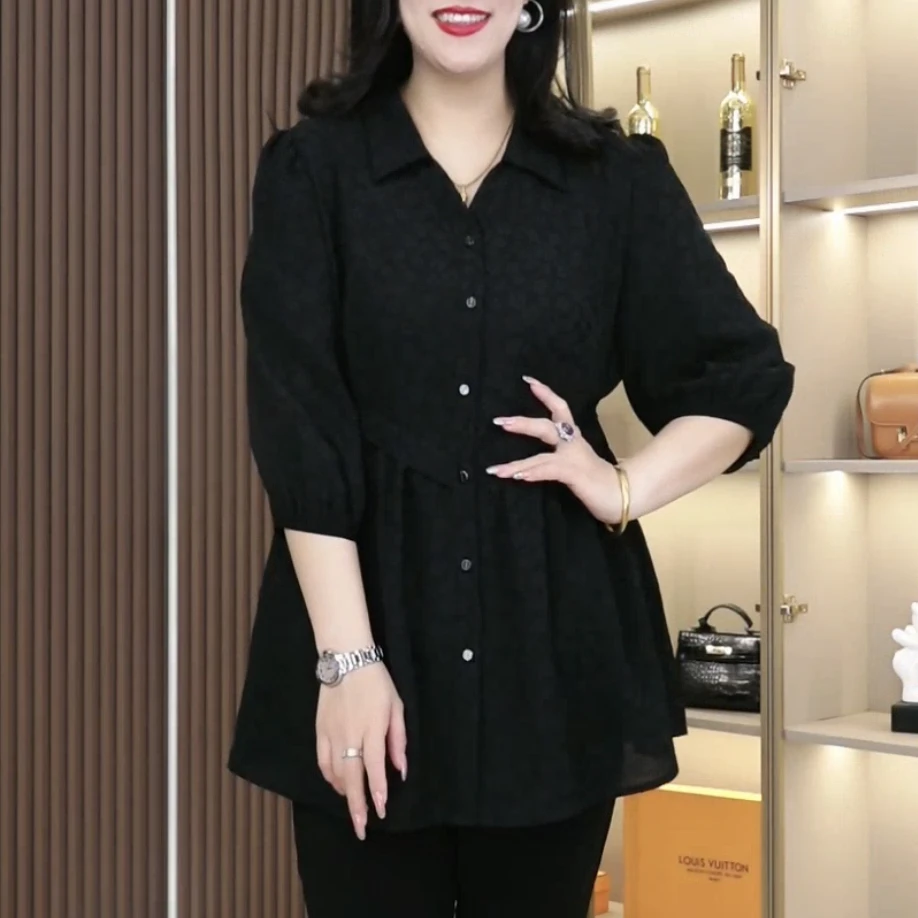 丹思慕春季新款大码女装百搭遮肚显瘦翻领提花衬衫250167七分袖