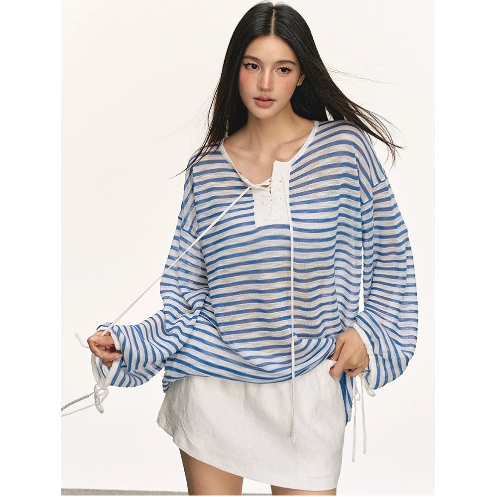 anna aneae条纹针织防晒衫上衣女早秋绑带设计感宽松显瘦长袖t恤