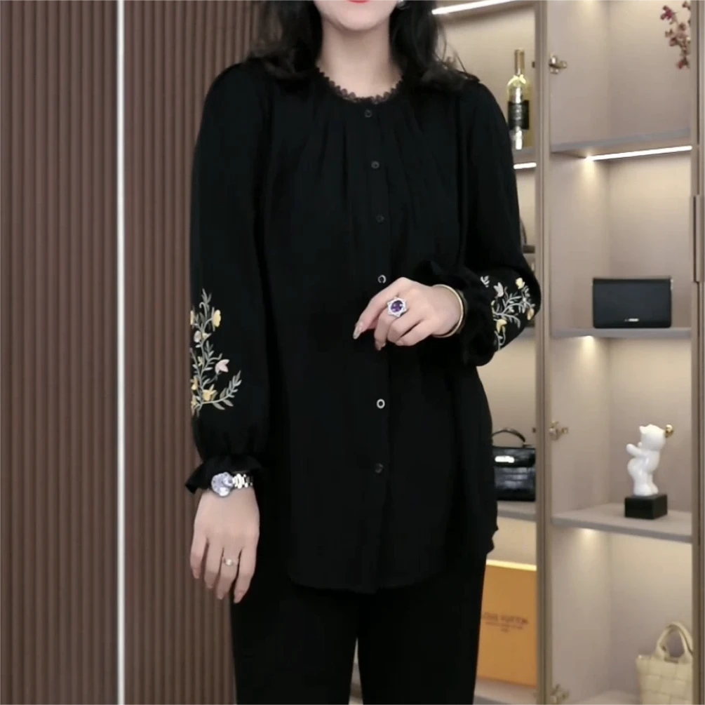 丹思慕大码女装高档秋季新款气质刺绣显瘦宽松长袖上衣251219