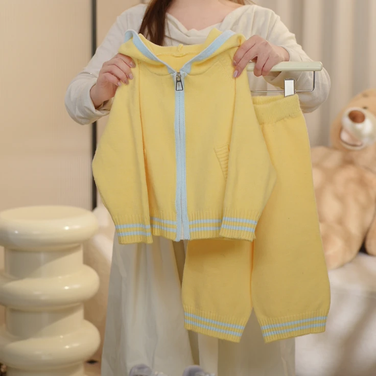 2025春季新款儿童针织衫套装 女童韩版连帽针织衫上衣+针织阔腿裤