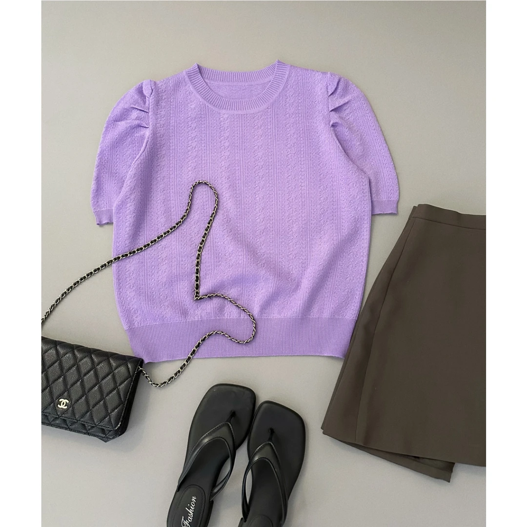 2122【立体浮雕泡泡袖针织衫】圆领夏季女士短袖薄款上衣