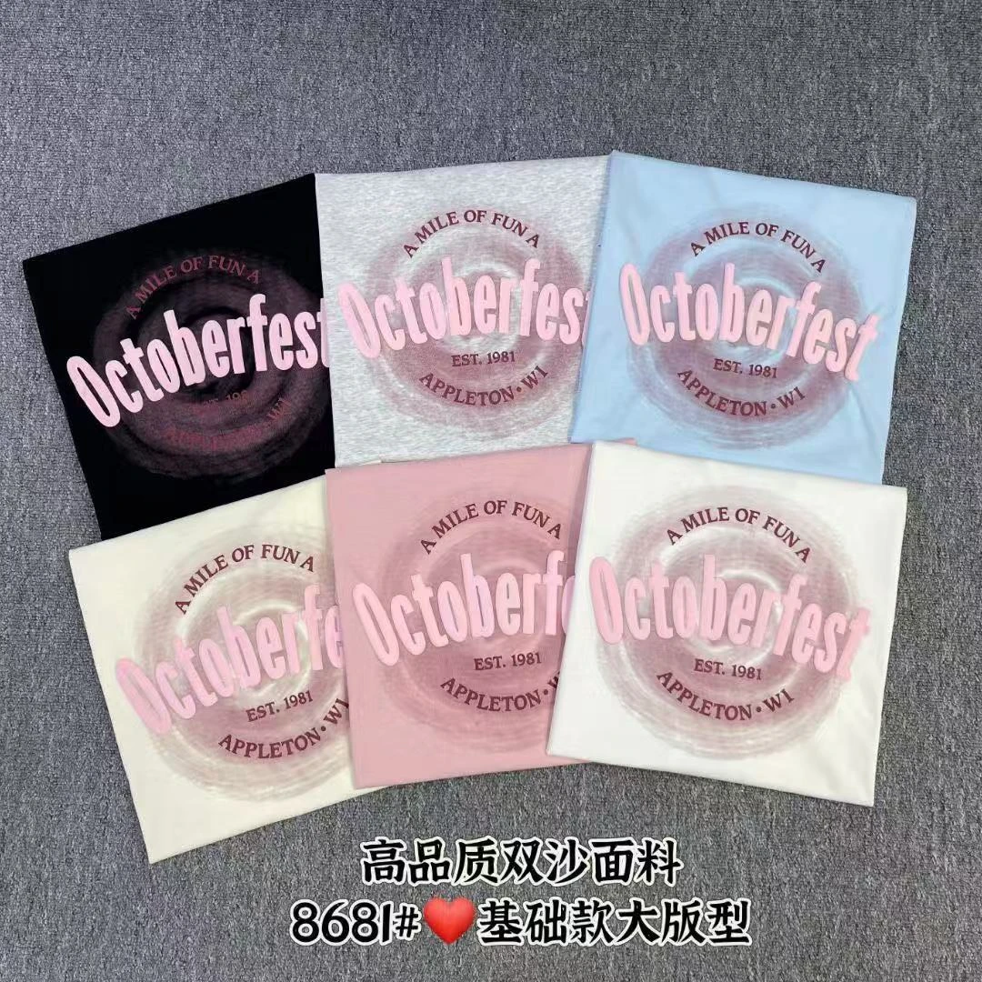 格子推荐~美式字母晕色印花短袖T恤8681