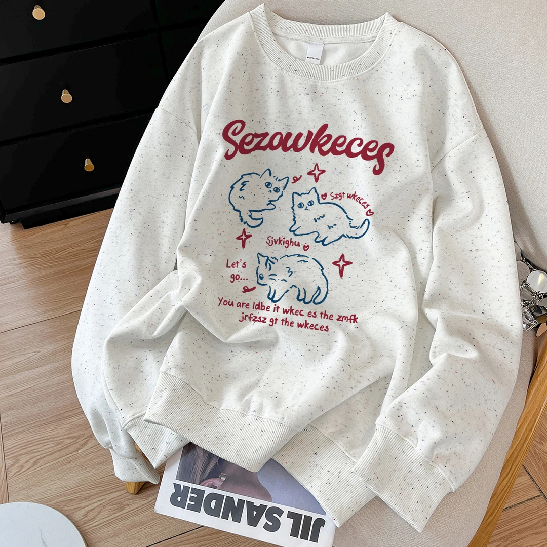原创小猫印花套头圆领长袖卫衣女款2025早秋新款韩系宽松上衣外套