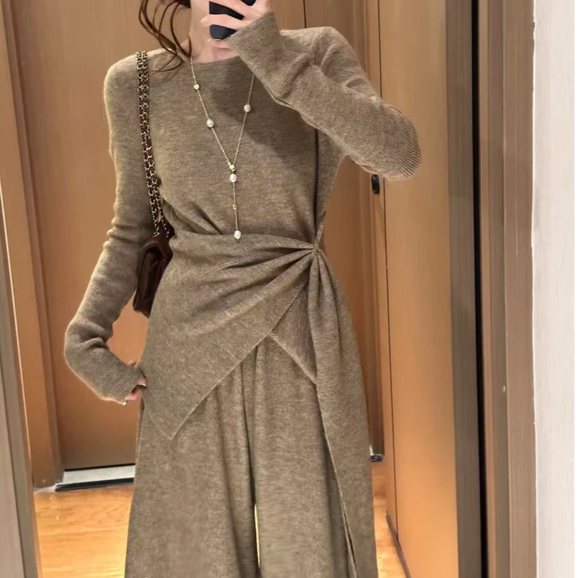 慵懒收腰显瘦针织上衣+裤裙套装秋冬新款气质百搭长袖上衣毛衣女