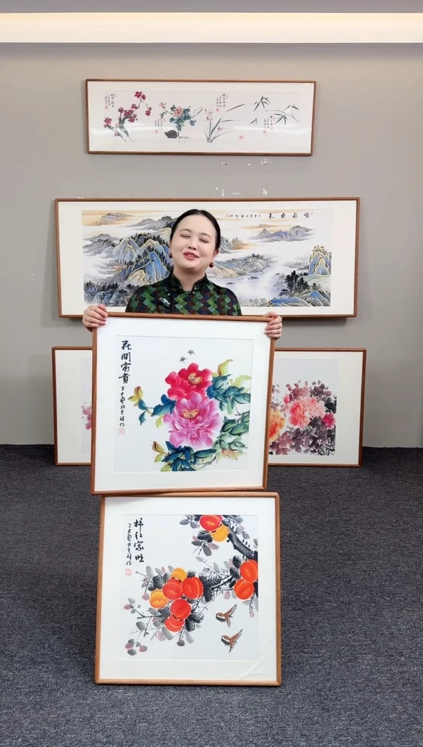 国画柿柿如意花开富贵60*60手绘作品