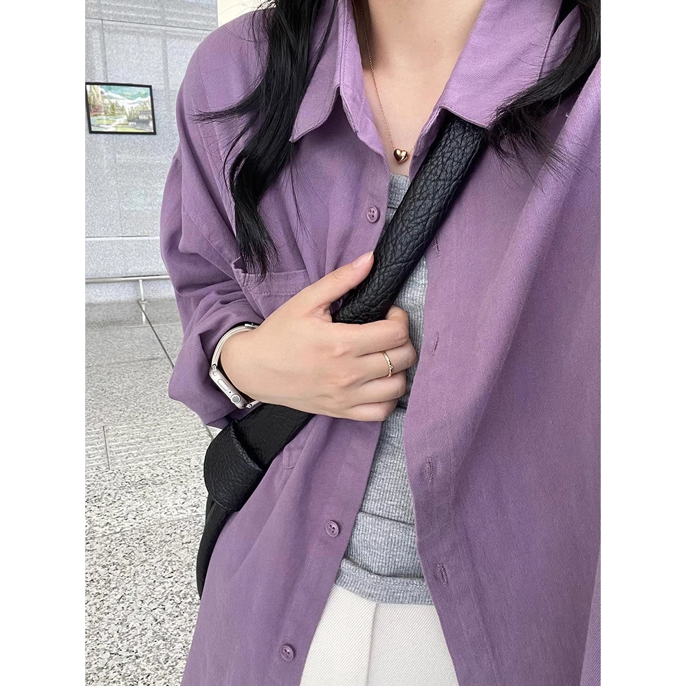 韩系穿搭紫色长袖衬衫女春秋新款设计感宽松休闲气质叠穿衬衣外套