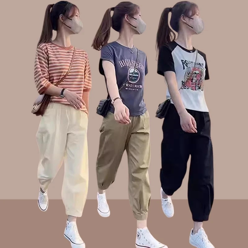 2025夏季新款爆款哈伦裤工装裤萝卜休闲裤九分裤宽松阔腿裤子女潮