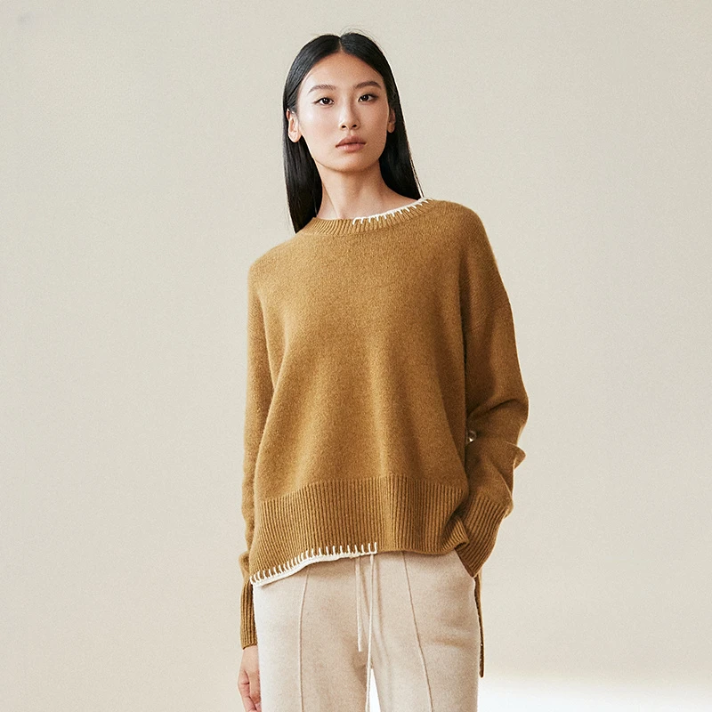 【阳光专属】藏里羊 纯羊绒衫圆领手绣撞色针织毛衫BC01674