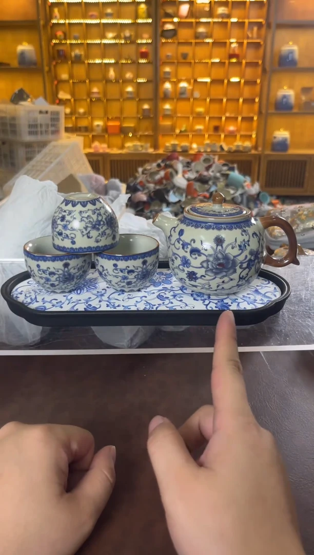 瓷片花溪陶瓷00000缠枝莲壶+3杯+茶盘