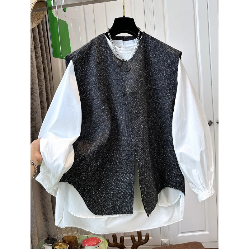 【森屿旅人】高级感灰色西装马甲褶皱衬衫女时尚两件套气质套装春