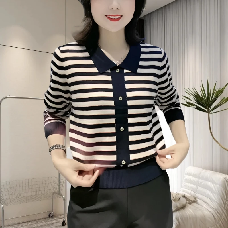 莱赛尔天丝针织衫妈妈装女2025秋冬气质休闲条纹遮肉显瘦打底衫