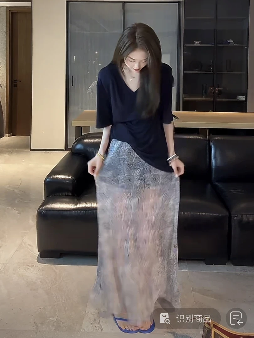 【青花瓷】小众设计高品质印花半身裙显腿长显气质透纱长裙