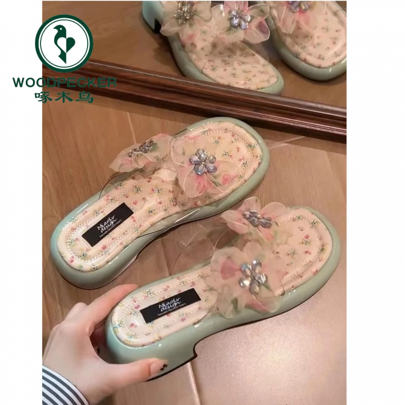 啄木鸟法式粗跟凉拖鞋女夏季外穿2025新款半拖配裙子露趾高跟凉鞋