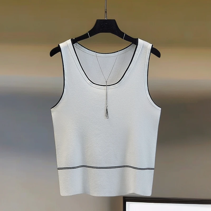 欧货小香风夏季外穿无袖针织吊带背心女打底短款条纹内搭冰丝上衣