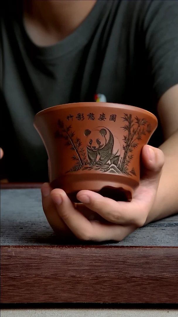 紫砂花盆10.5*6.5内径紫砂花盆【熊猫】