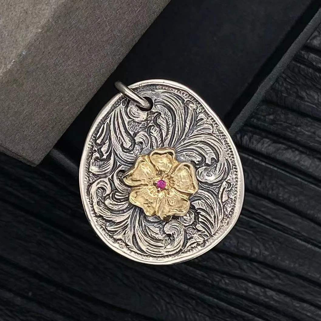 鸿聚隆 吊坠925银 NO255小众做旧Larrysmith蔷薇花唐草银饼吊坠