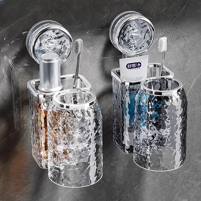 吸盘牙刷置物架漱口杯刷牙杯子卫生间壁挂式免打孔洗漱杯套装架子