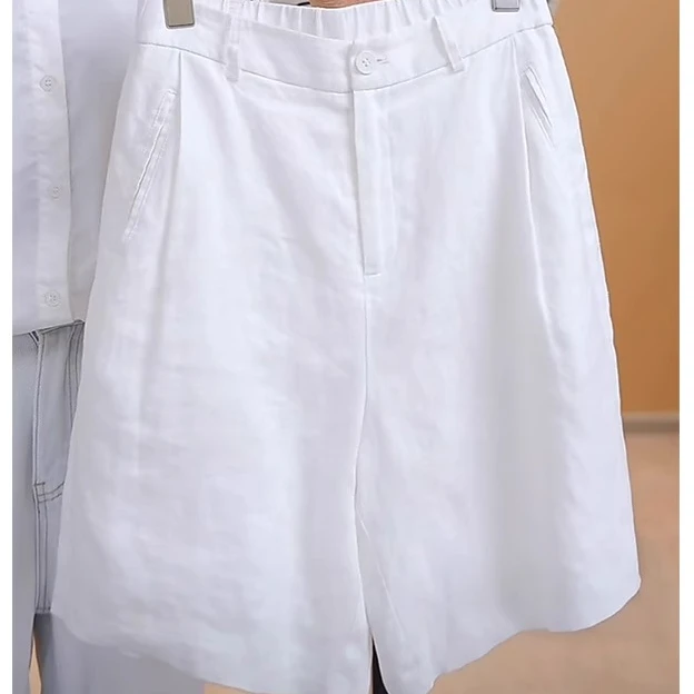 高端白色棉麻阔腿短裤女2025夏季薄款大码高腰显瘦苎麻亚麻五分裤