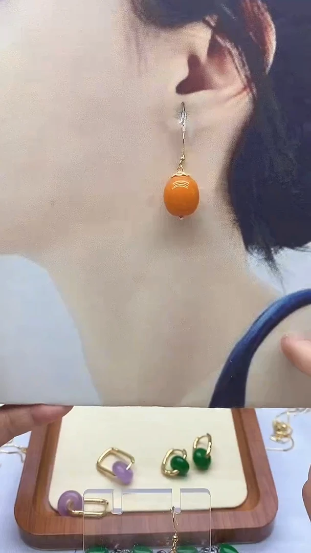【闪购商品】琥珀耳饰银S925镀金镶嵌82