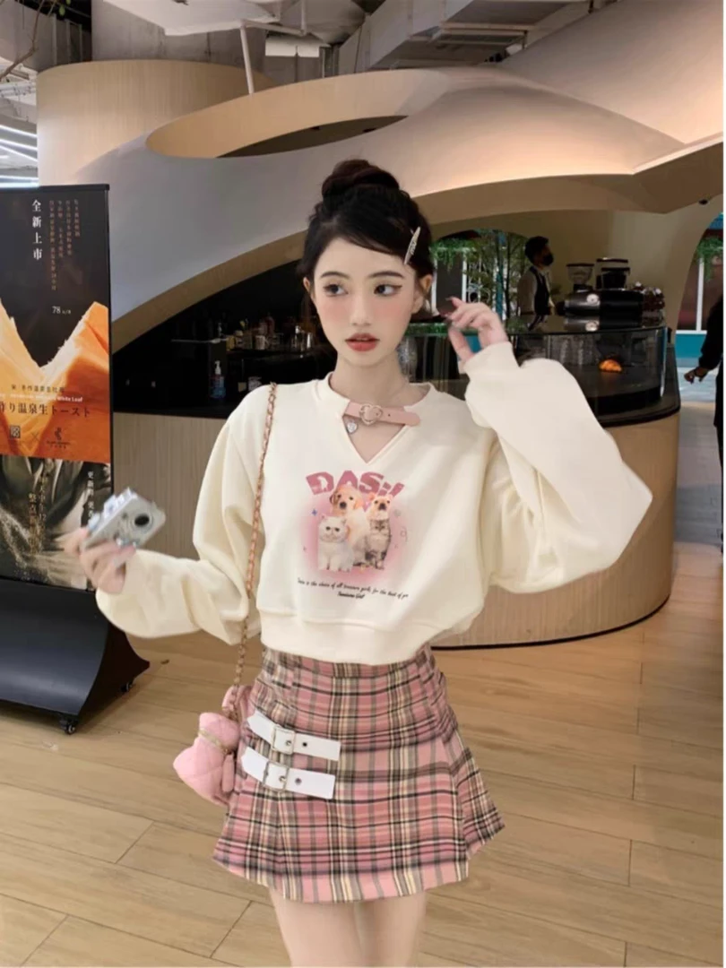 学院风格子秋季短裙网红印花秋冬时尚百搭款韩版宽松减龄半身裙