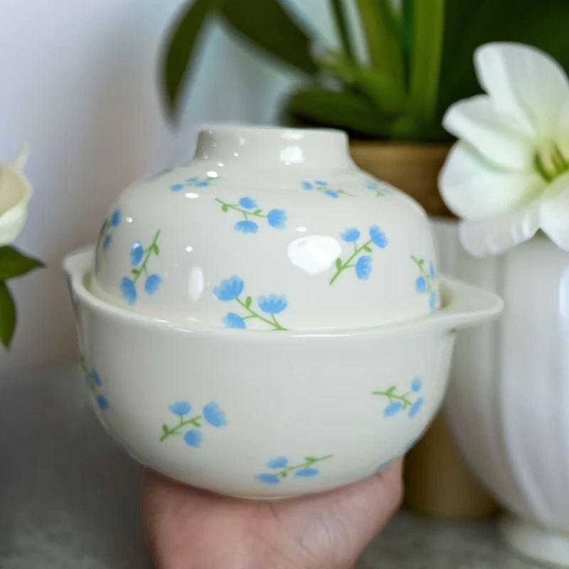陶瓷小蓝花碎花盖碗泡面碗