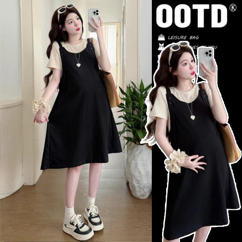 孕妇装2025夏季新款宽松假两件连衣裙小个子韩版高级感背带孕妇裙