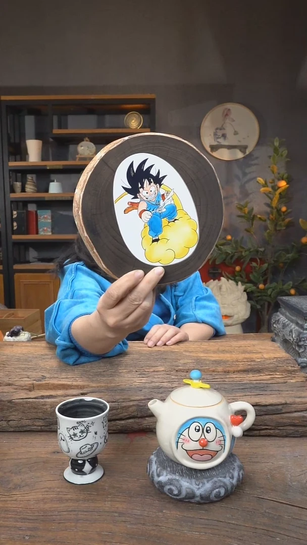 【闪购商品】摆件碳化银杏木手工釉上彩茶盘