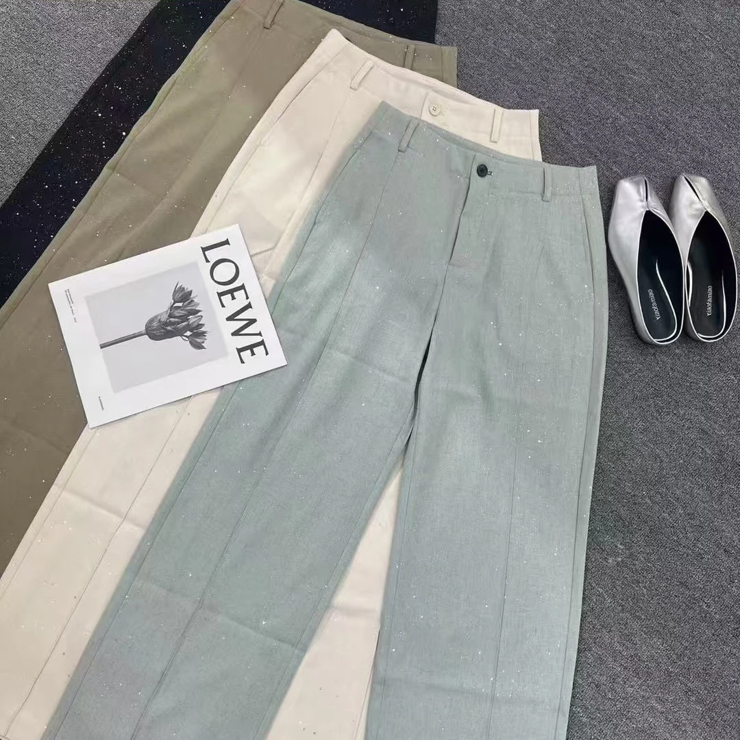 新款满身细闪钻直筒裤宽松搭休闲麻料垂感西裤慵懒风高腰28080