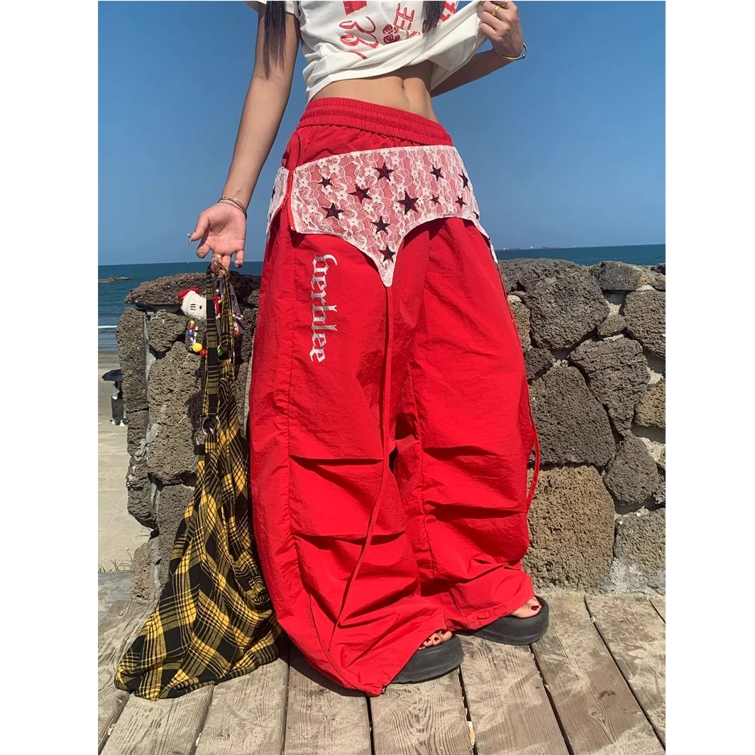 美式复古屁帘叠穿褶皱阔腿休闲裤女宽松显瘦拖地蕾丝长裤