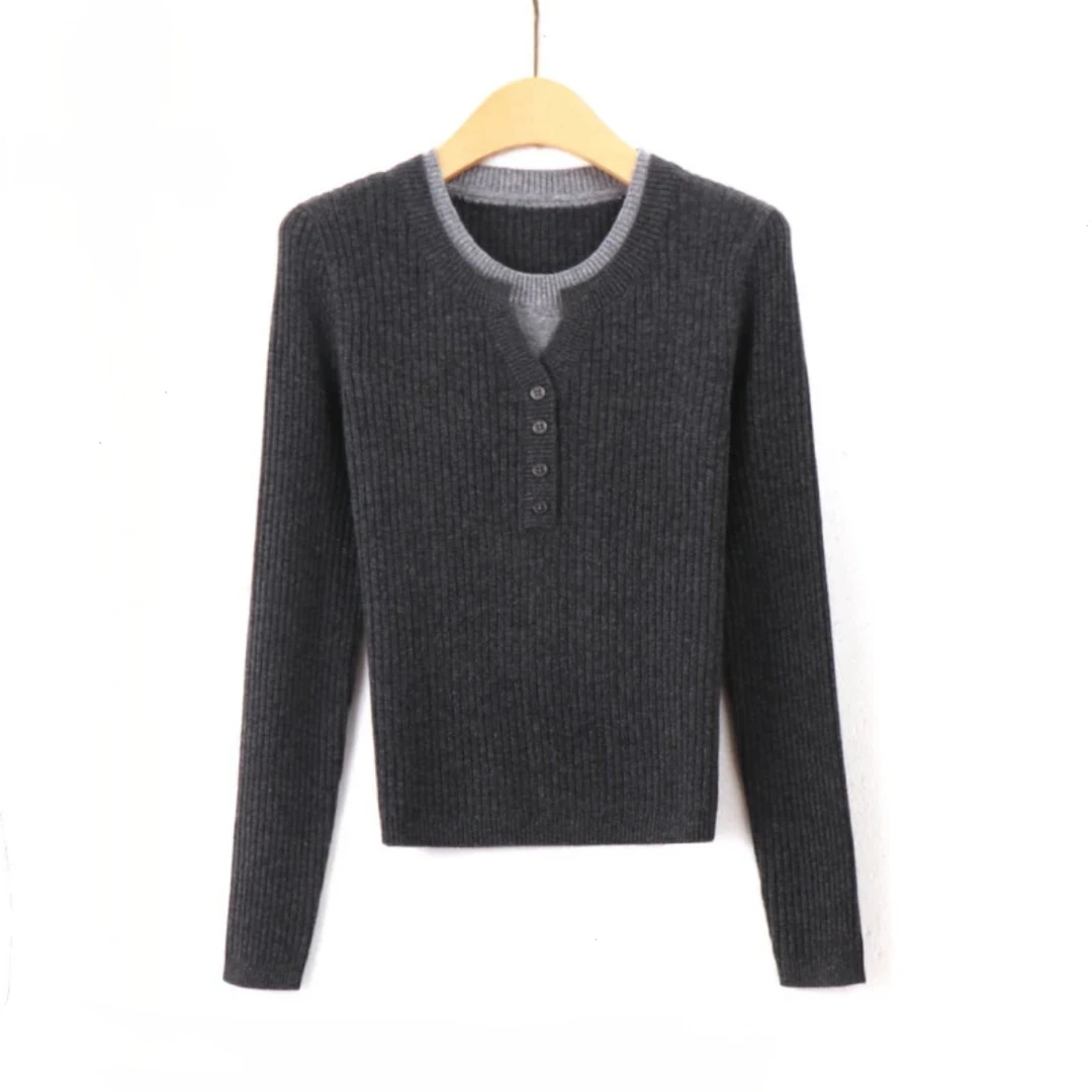 【专属】半开领长袖灰色打底针织衫女秋冬修身显瘦套头上衣