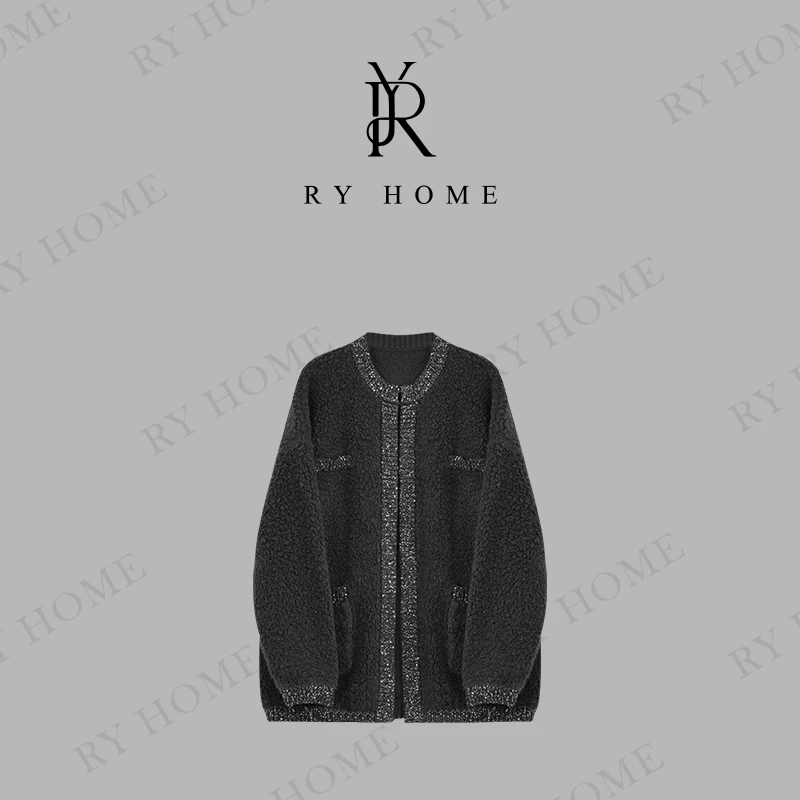 【容雨RYHOME】慵懒风立体绒感亮片边羊毛针织外套243W2100