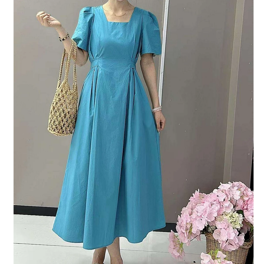 法式方领短袖韩版长裙2025夏季新款系带显瘦气质纯色连衣裙