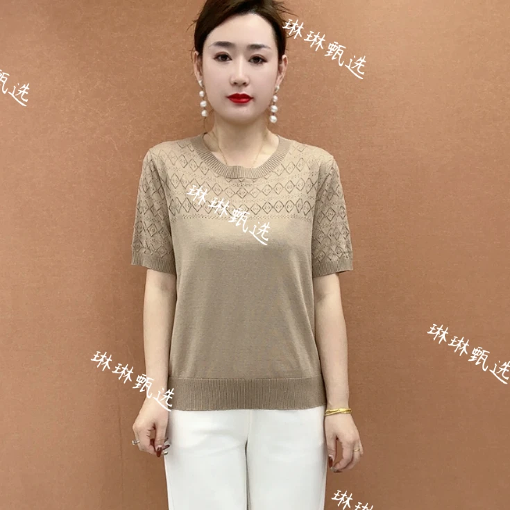 2025夏季新款薄款宽松显瘦套头显瘦镂空钩花短袖冰丝T恤针织衫女
