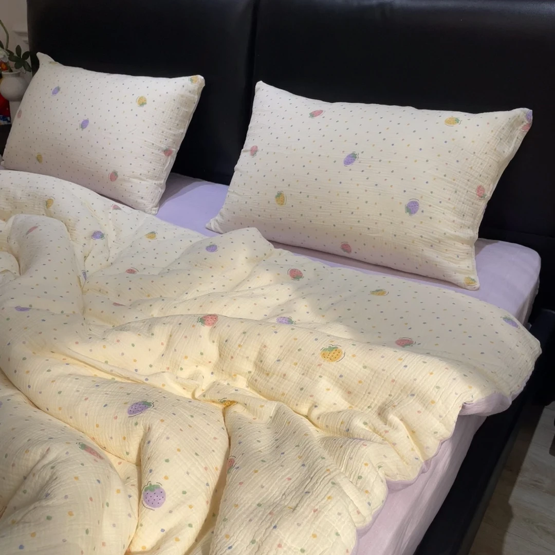 草莓啵啵｜小清新全棉双层皱皱纱四件套纯棉被套裸睡浪漫紫色床品