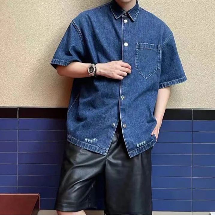 宝丫轻奢  T情侣款男女时髦复古宽松短袖牛仔衬衫外套K1088