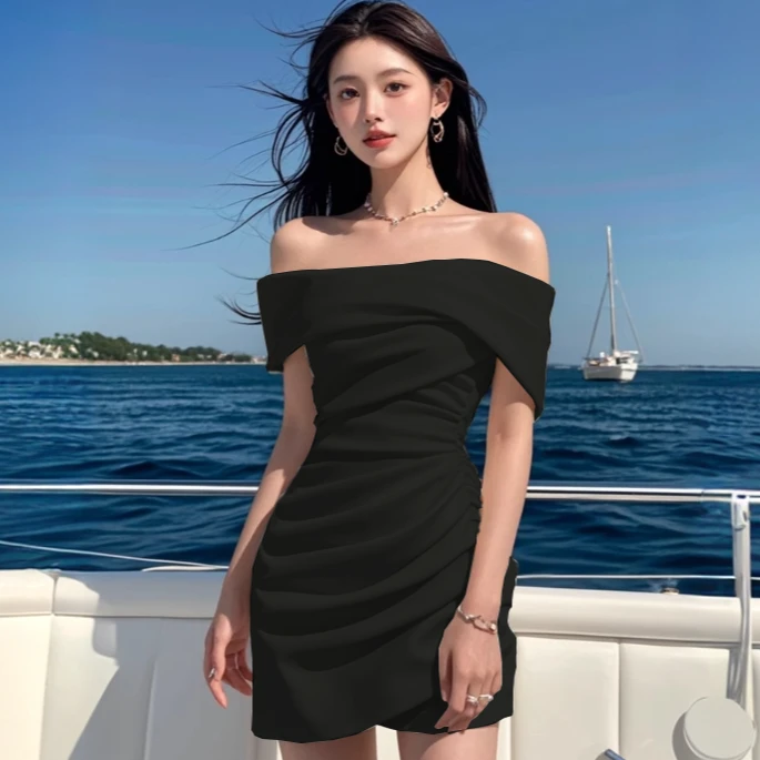 2025新款夏季黑色一字肩短袖连衣裙气质优雅修身显瘦辣妹风包臀裙