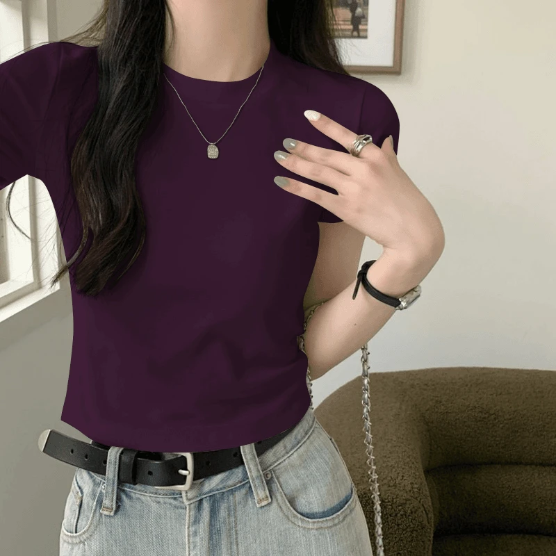【葡萄紫】正肩短款T恤女2025夏季宽松高腰显瘦纯色短袖上衣小个子