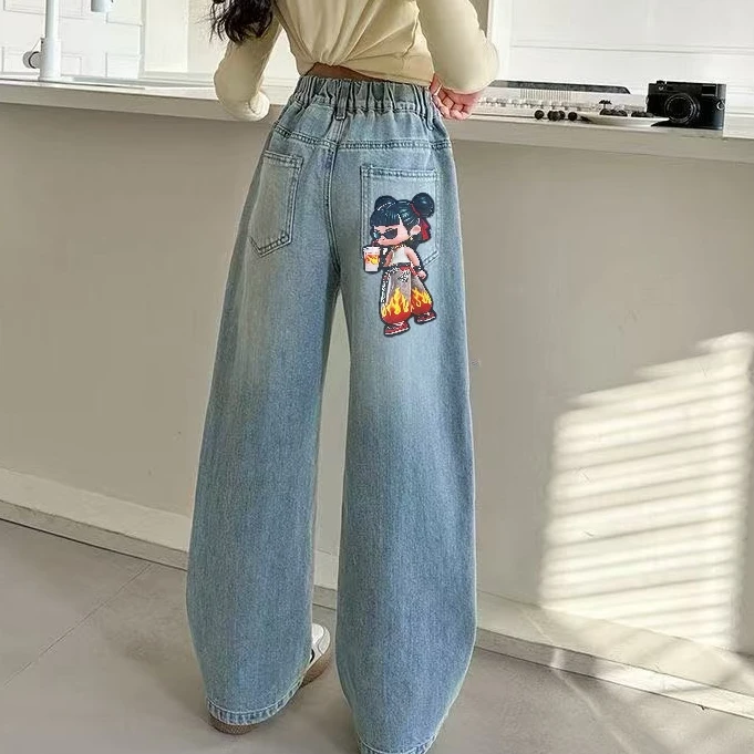 呼噜鱼原创女童牛仔裤春秋款2025新款女大童网红宽松阔腿裤直筒裤