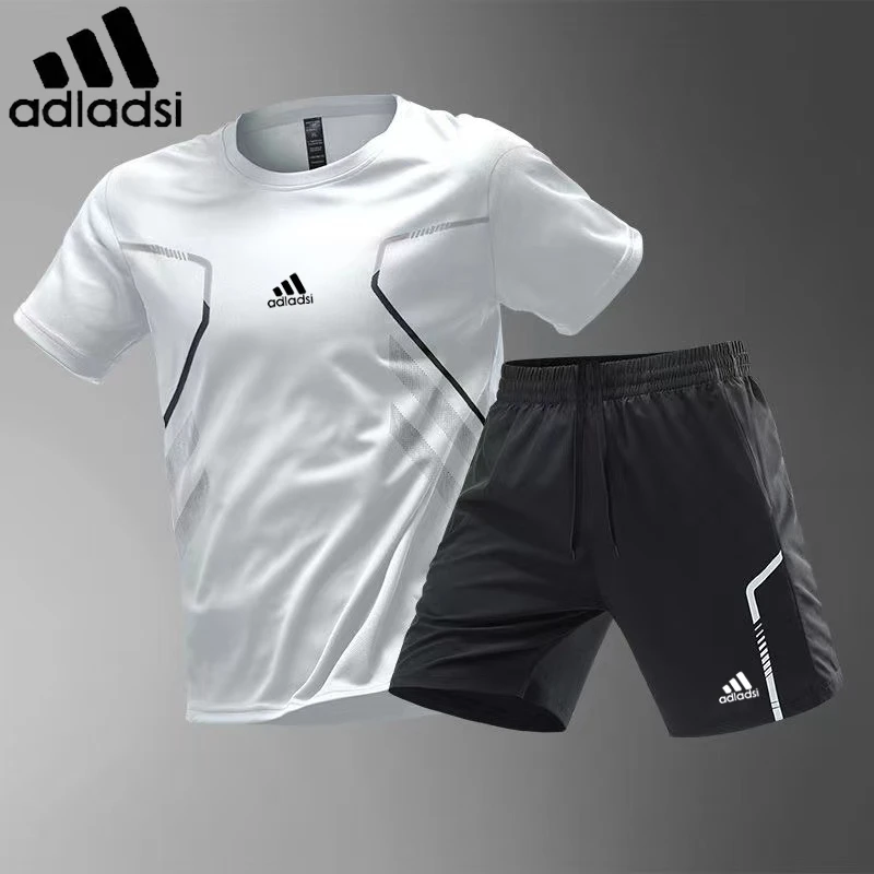 阿迪精选运动冰丝套装男士夏季冰感透气户外跑步运动休闲两件套男