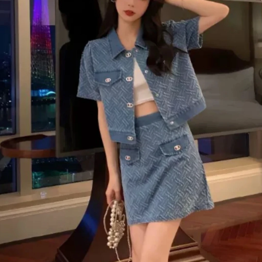 PERIKAS夏季薄款软牛仔套装简约短款休闲上衣高腰防走光短裙0370