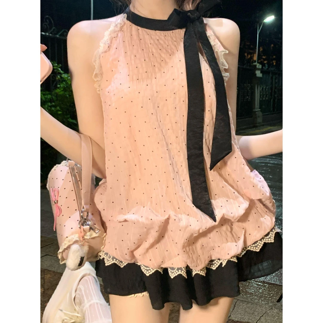 古早奈奈 千金纯欲甜美风小众设计假两件拼接挂脖波点连衣裙仙女