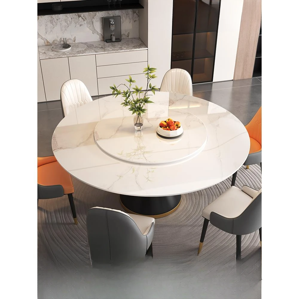 轻奢岩板餐桌椅组合家用小户型大圆桌大理石现代简约带转盘饭桌子