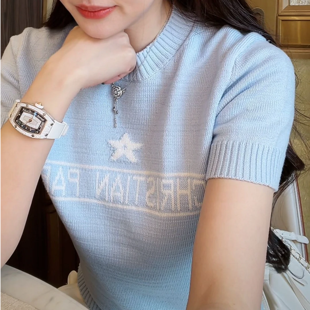 早春新款  英文五角星针织T恤  打底休闲圆领短袖