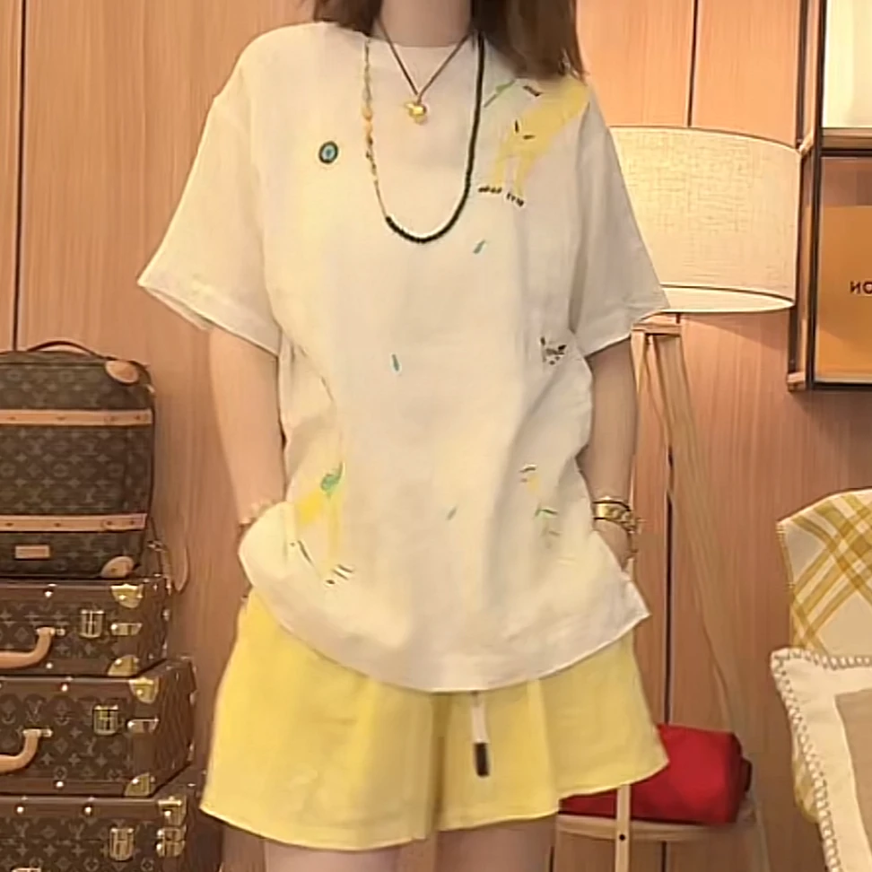 设计感动物刺绣显瘦圆领短袖T恤女2025夏季新款大版宽松百搭上衣