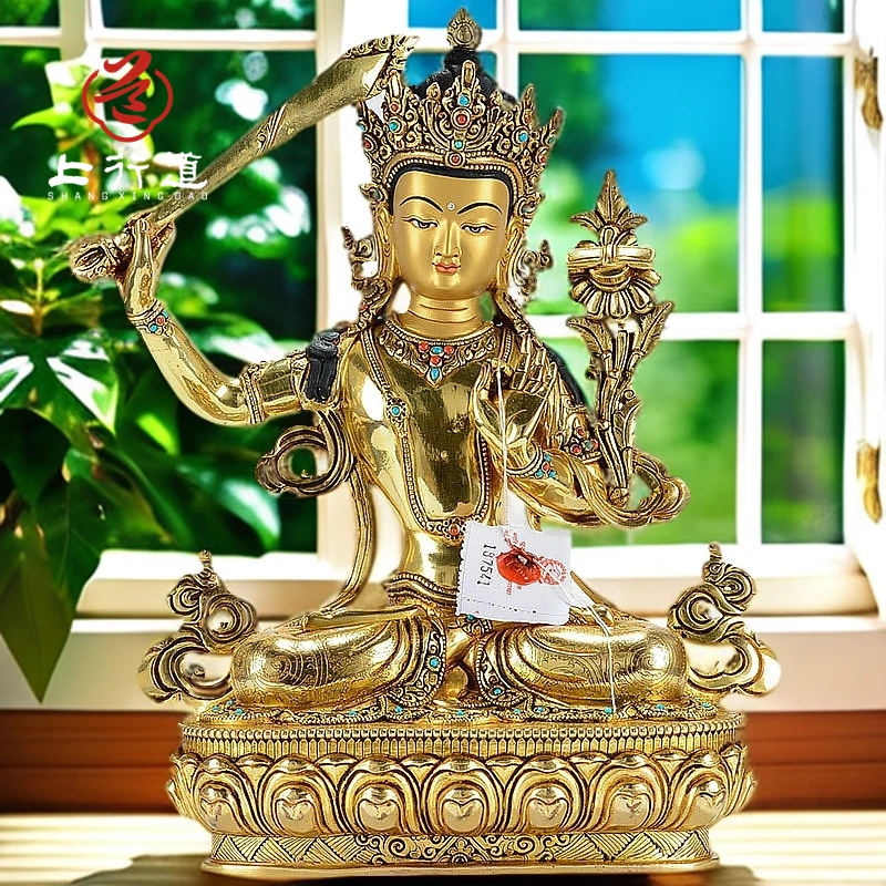 上行道摆件文殊普贤铜像尼泊尔手工铜鎏金文殊师利藏传密宗佛具