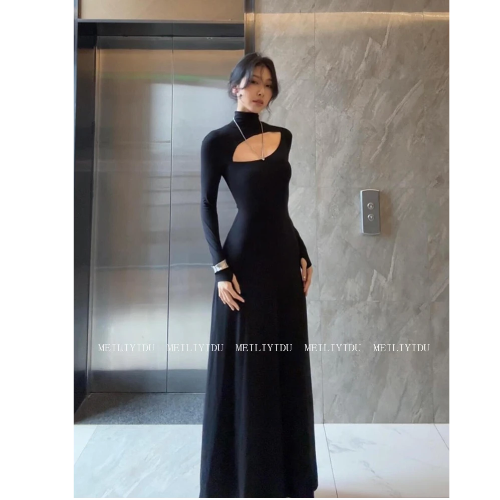 pinkmoon||大码黑色性感镂空长袖连衣裙法式高领气质修身内搭长裙