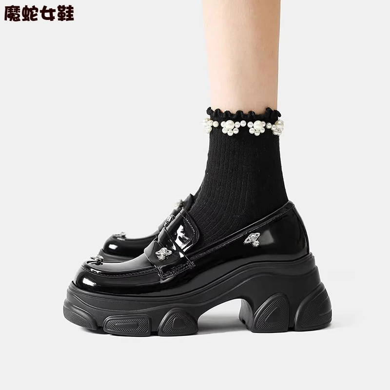 【万达撤柜】【鞠婧祎同款】黑色乐福鞋女2025新款小众厚底增鞋子皮鞋