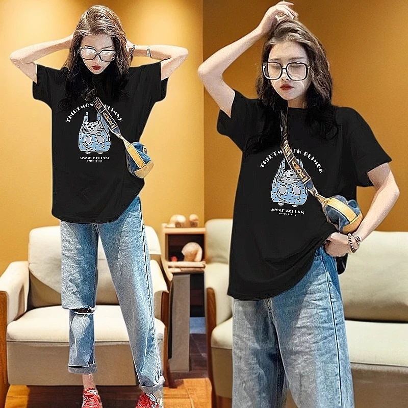 韩系卡通猫咪字母印花短袖T恤女春夏时尚减龄打底衫显瘦内搭上衣