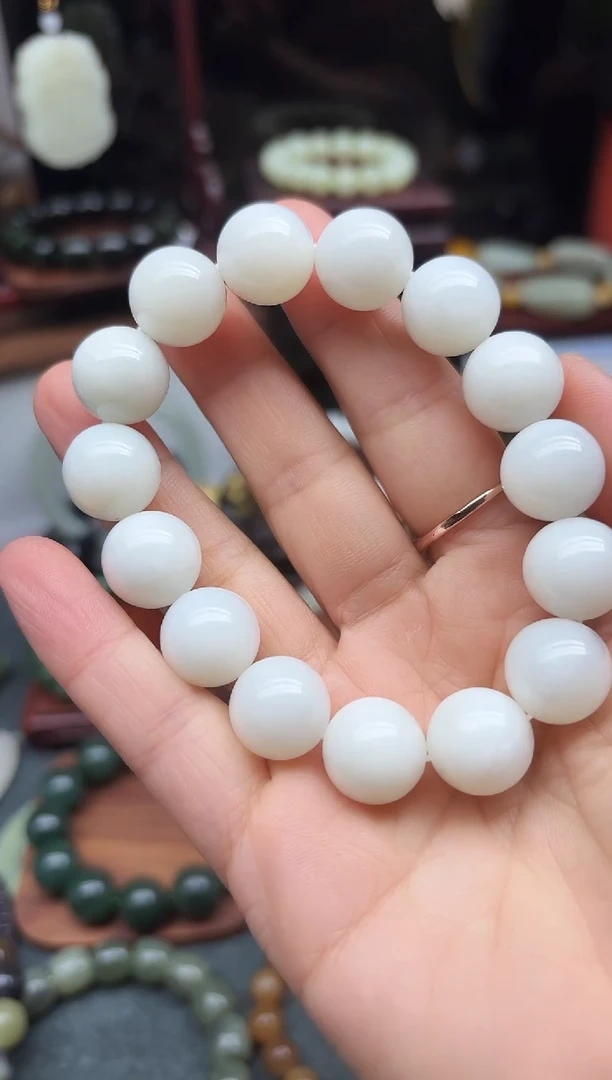 未镶嵌手链和田玉14MM  白玉圆珠